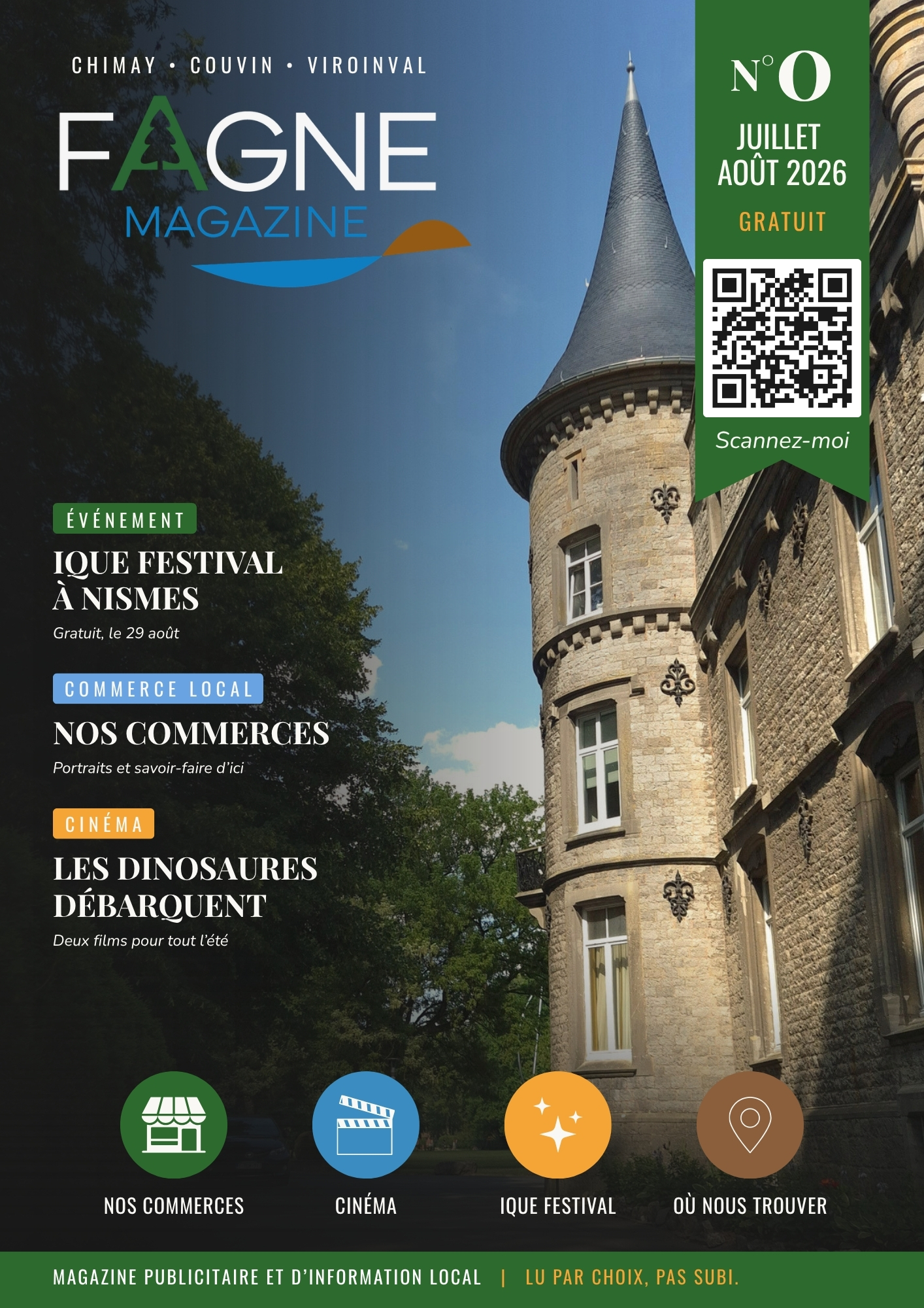 Couverture du Fagne Magazine N°0, juillet-août 2026 — le château de Nismes